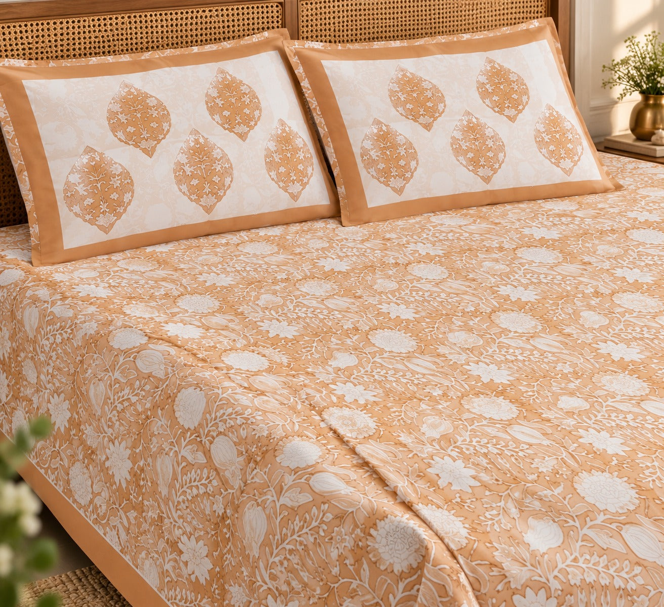 Cotton Super King Handblock Print Bedsheet with 2 Pillow Covers