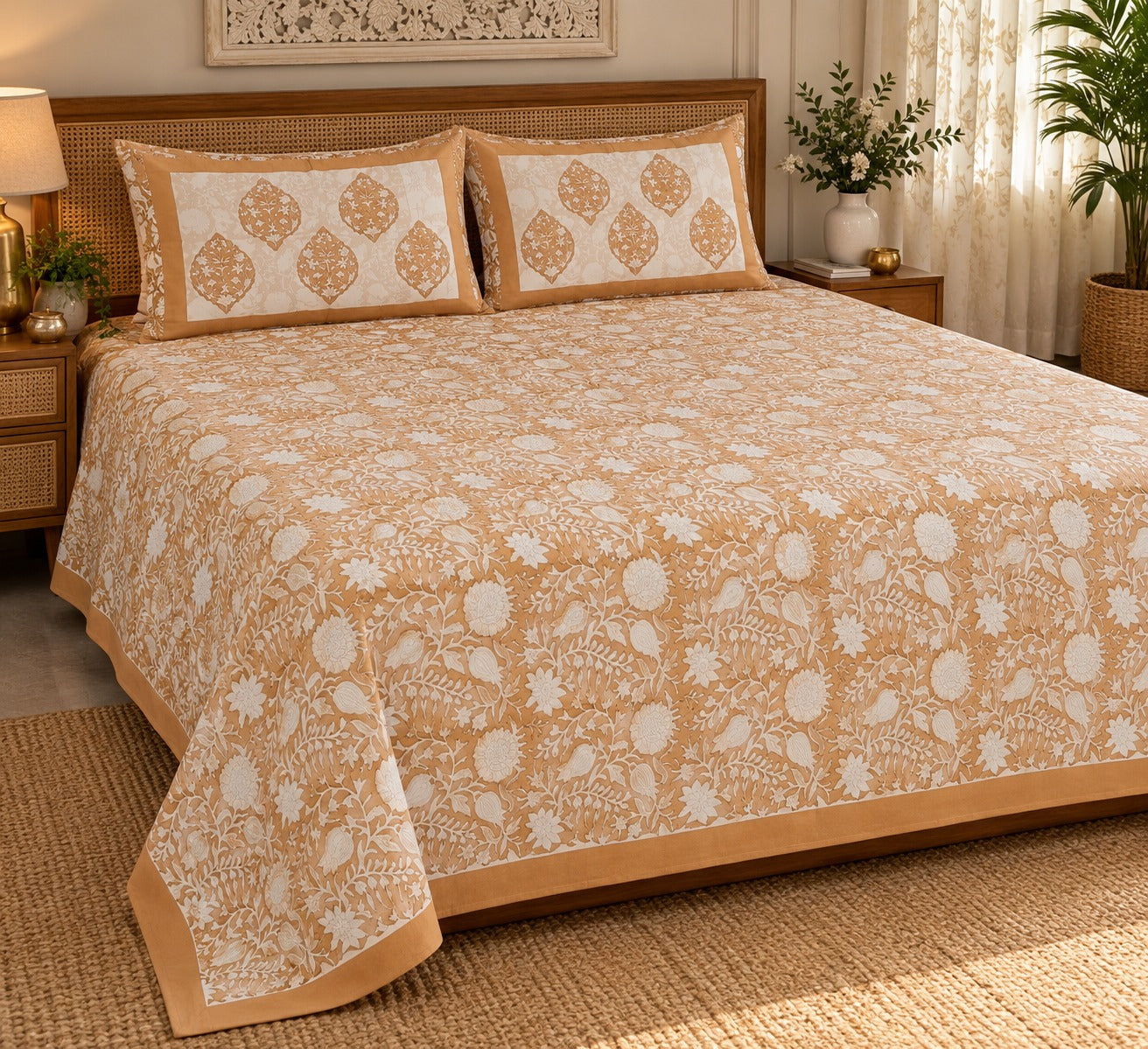 Cotton Super King Handblock Print Bedsheet with 2 Pillow Covers