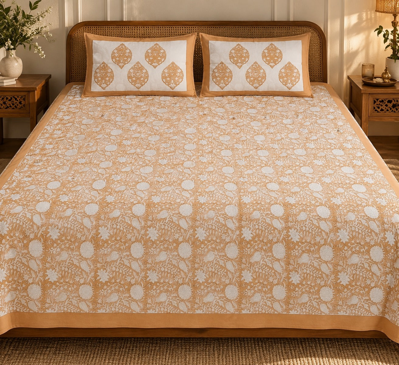 Cotton Super King Handblock Print Bedsheet with 2 Pillow Covers