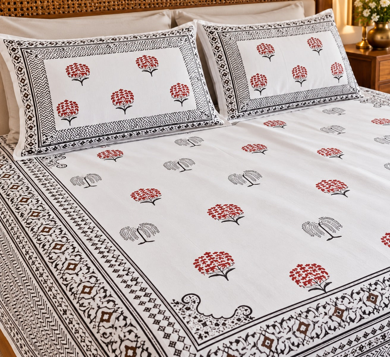 Cotton Super King Handblock Print Bedsheet with 2 Pillow Covers