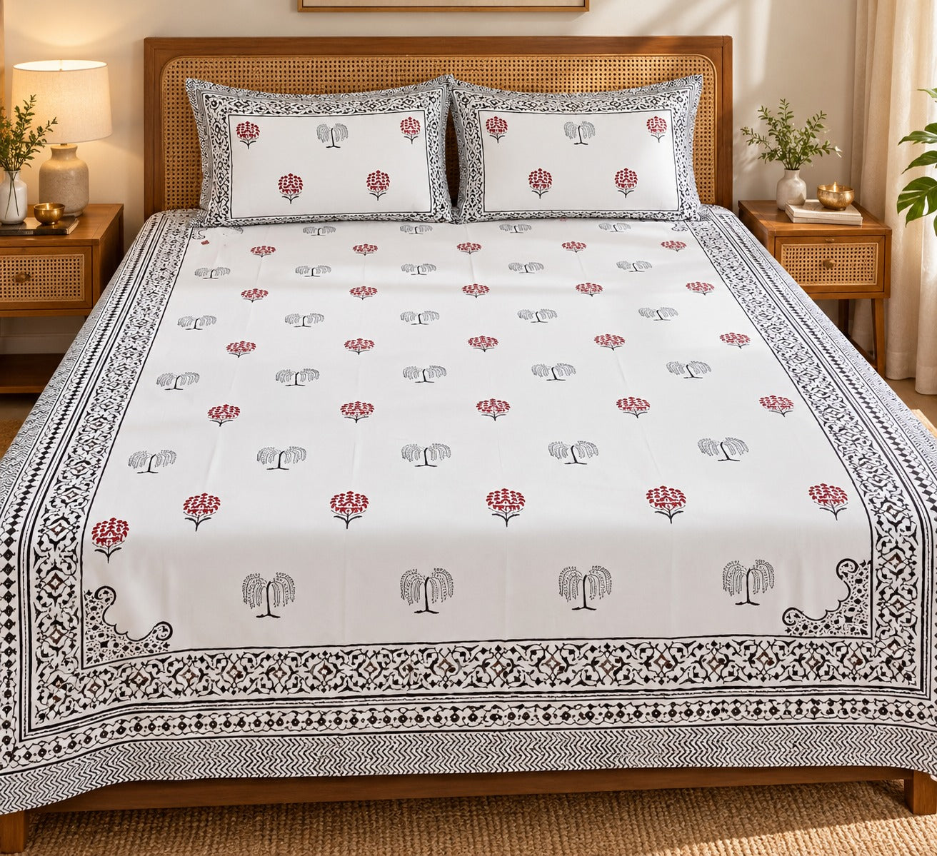 Cotton Super King Handblock Print Bedsheet with 2 Pillow Covers