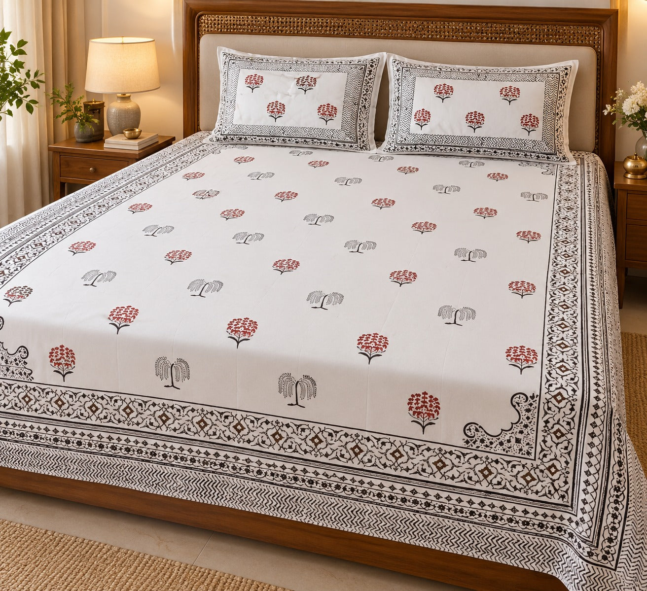 Cotton Super King Handblock Print Bedsheet with 2 Pillow Covers