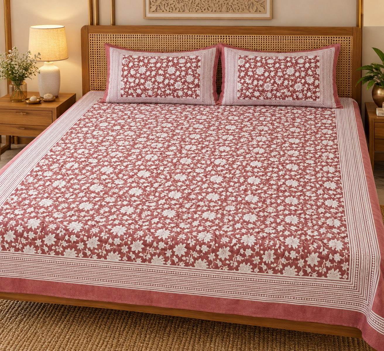 Cotton Super King Handblock Print Bedsheet with 2 Pillow Covers