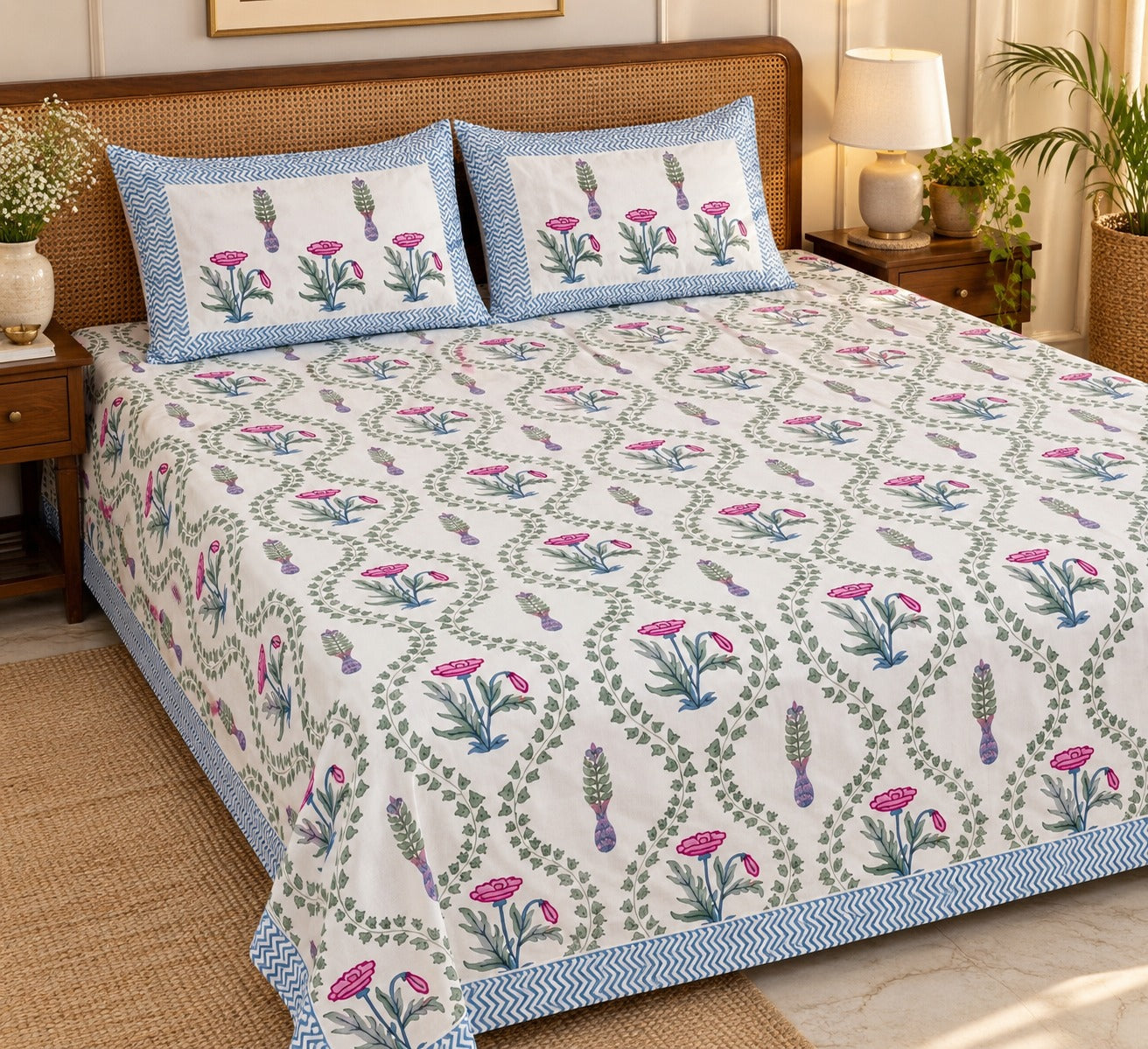 Cotton Super King Handblock Print Bedsheet with 2 Pillow Covers