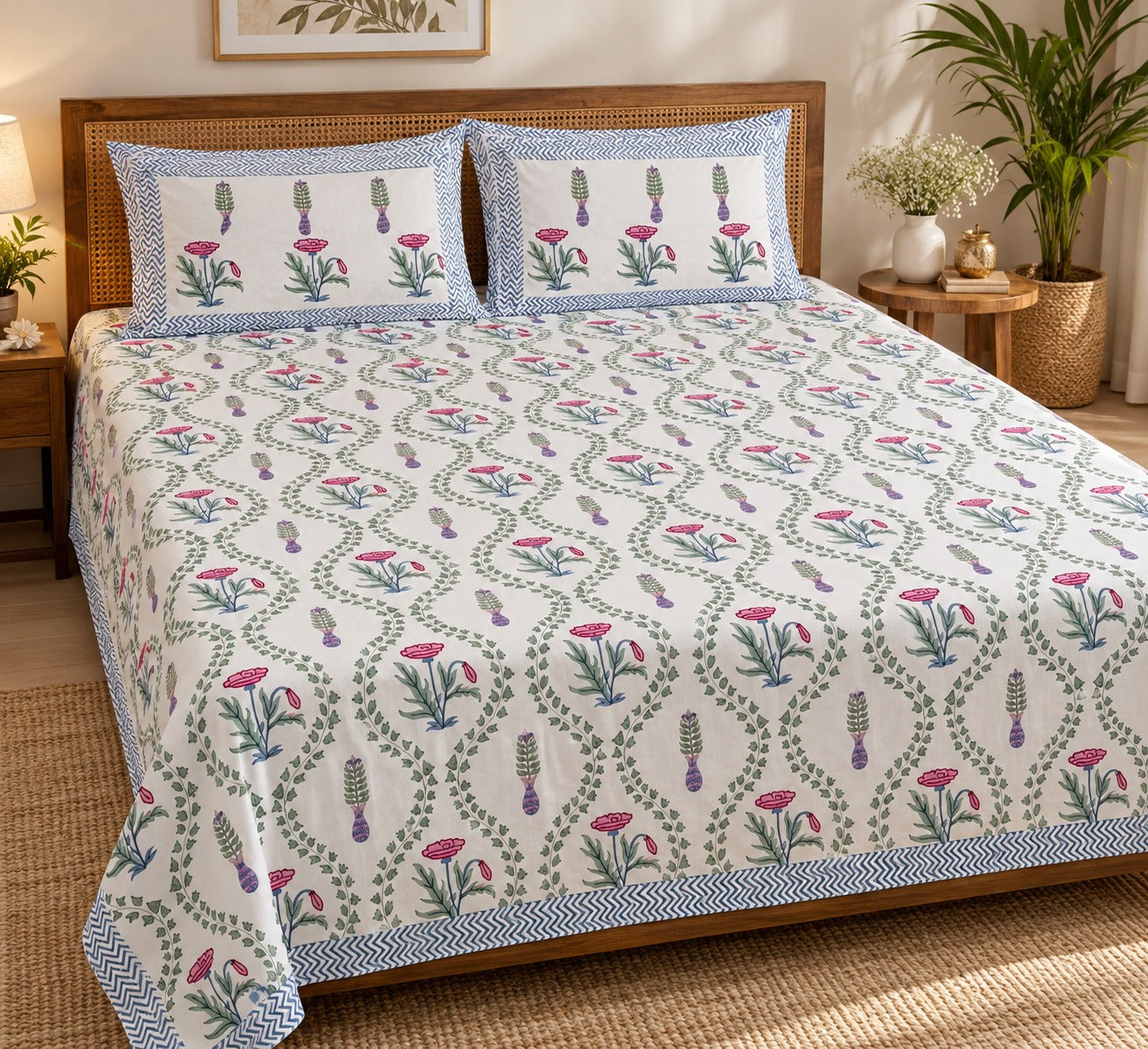 Cotton Super King Handblock Print Bedsheet with 2 Pillow Covers