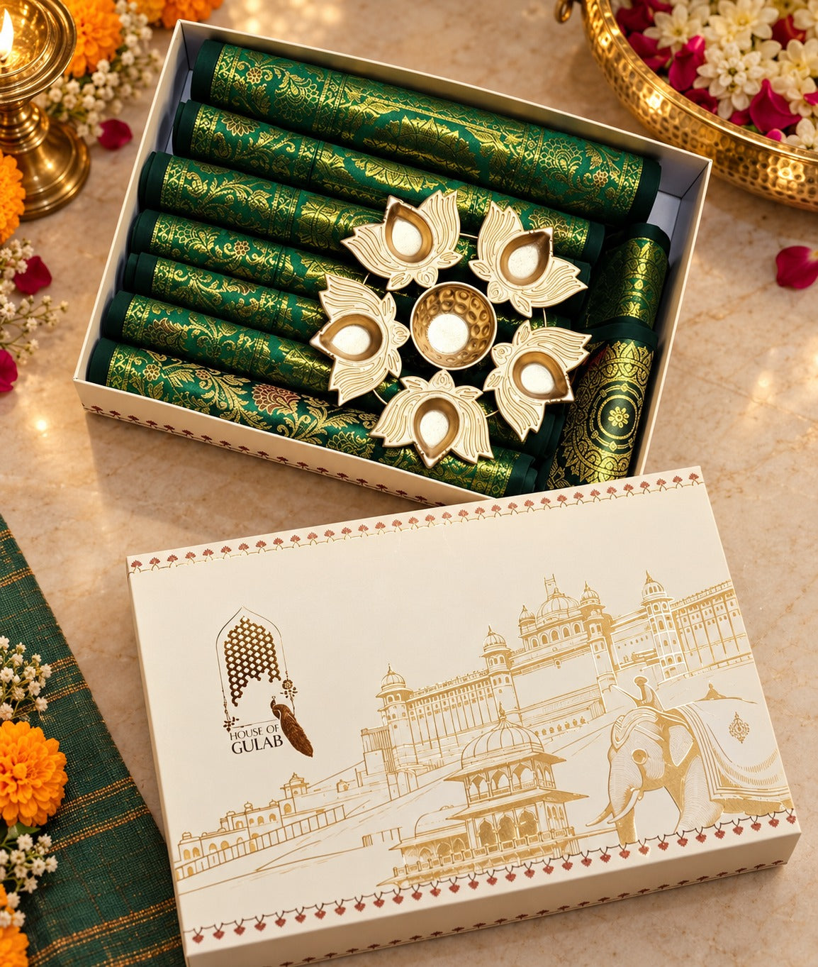 Diwali Gift Box with Banarasi Zari Table Runner, Set Of 6 Mats, 6 coaster, 6 inch Metal Urli