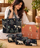 Diwali Gift Box Stylish Tote Bag with 3 Coordinated Utility Pouches with Set of 2 Metal Diyas