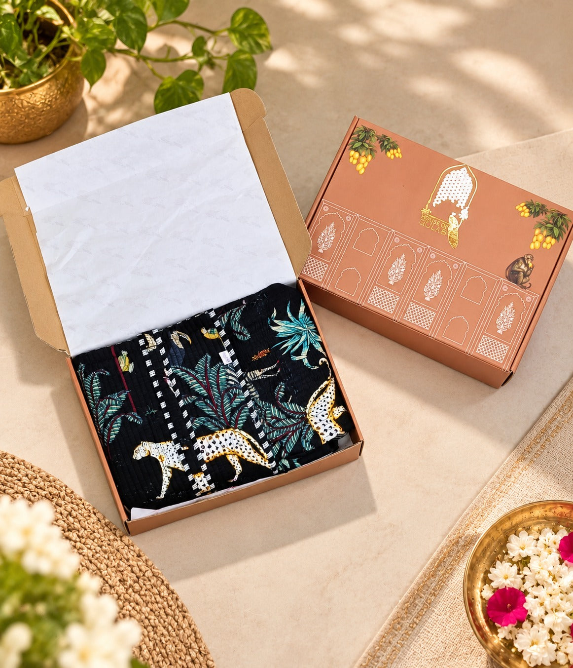 Diwali Gift Box Stylish Tote Bag with 3 Coordinated Utility Pouches with Set of 2 Metal Diyas