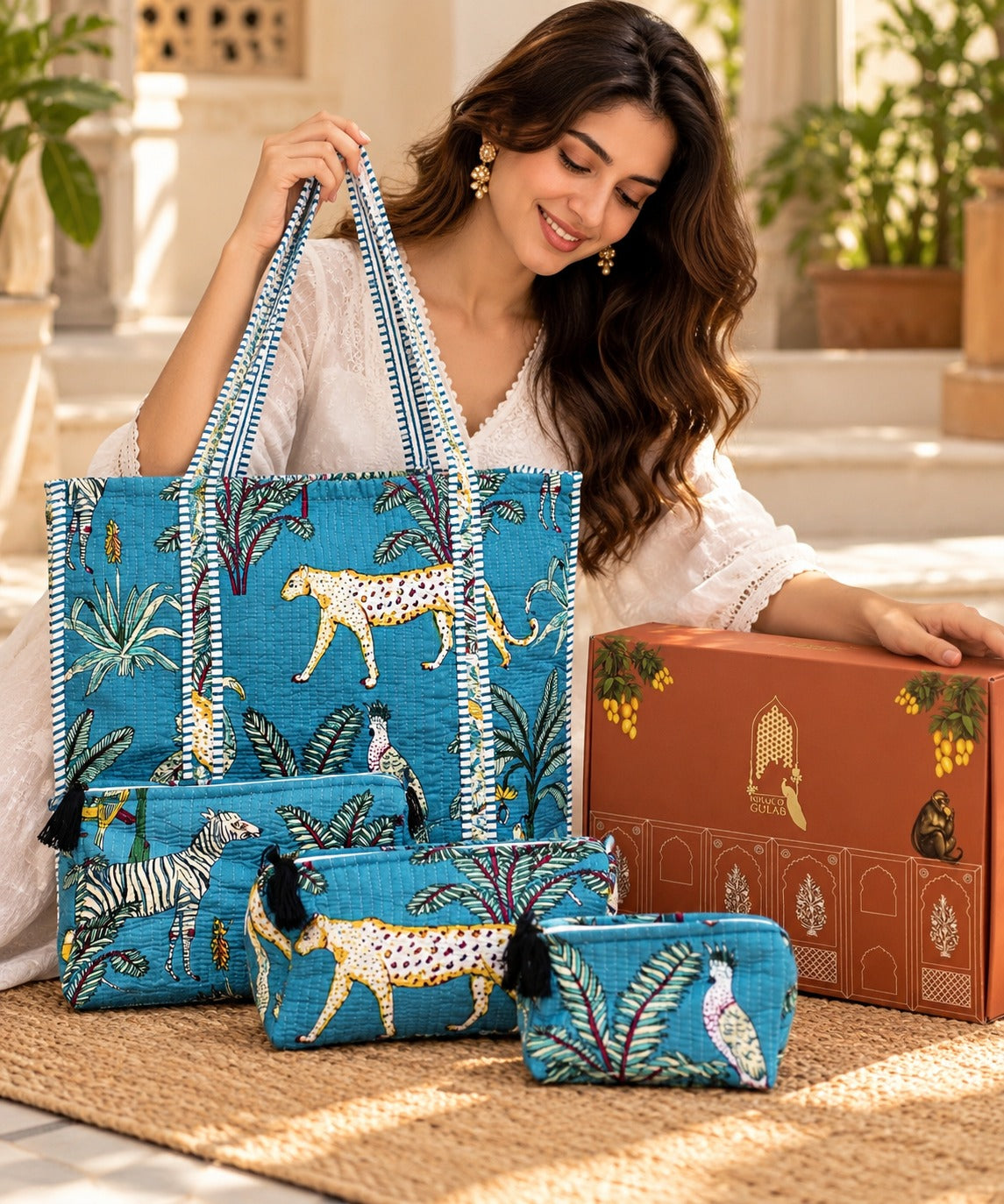 Diwali Gift Box Tote Bag with 3 Coordinated Utility Pouches with Gift Box with Set of 2 Metal Diyas