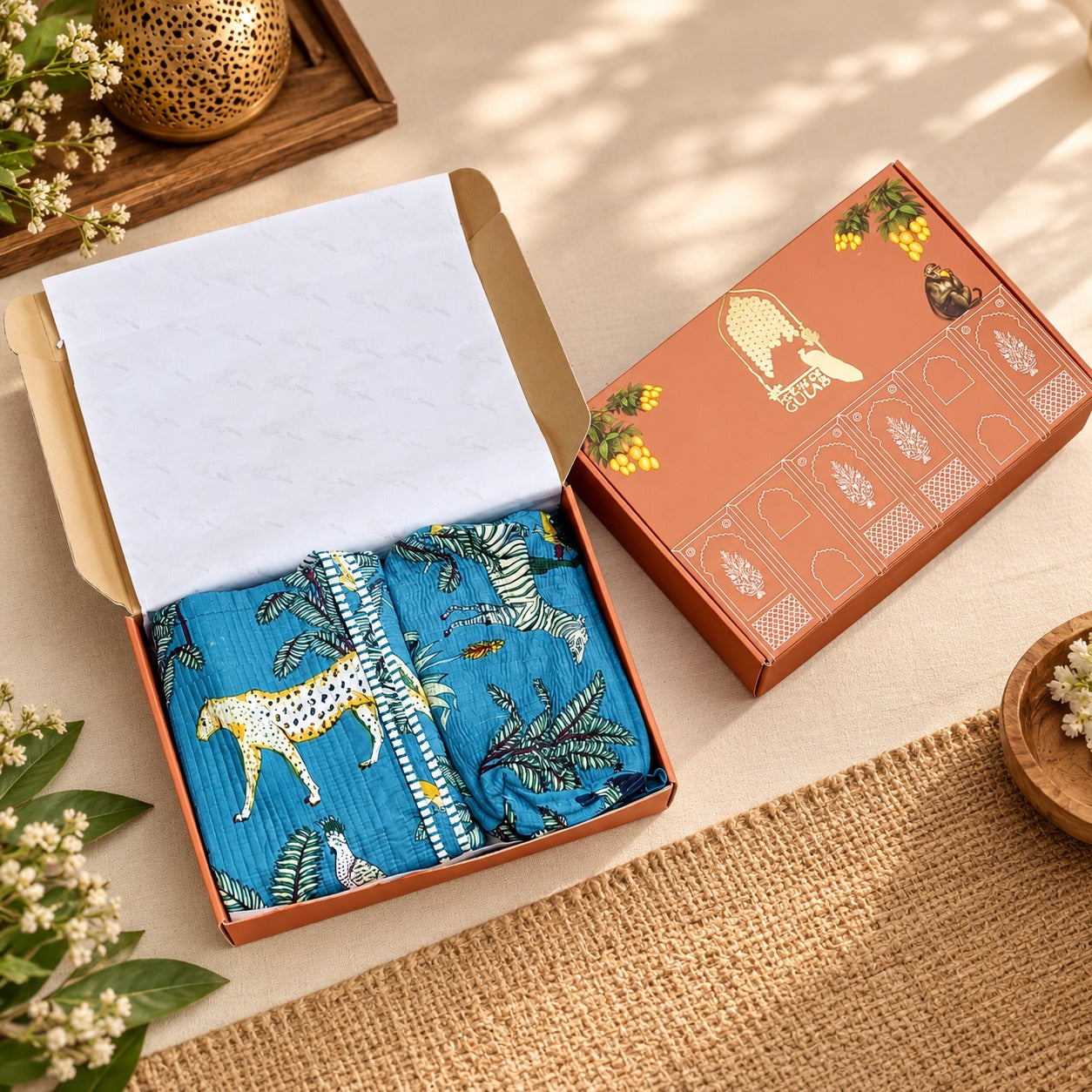 Diwali Gift Box Tote Bag with 3 Coordinated Utility Pouches with Gift Box with Set of 2 Metal Diyas