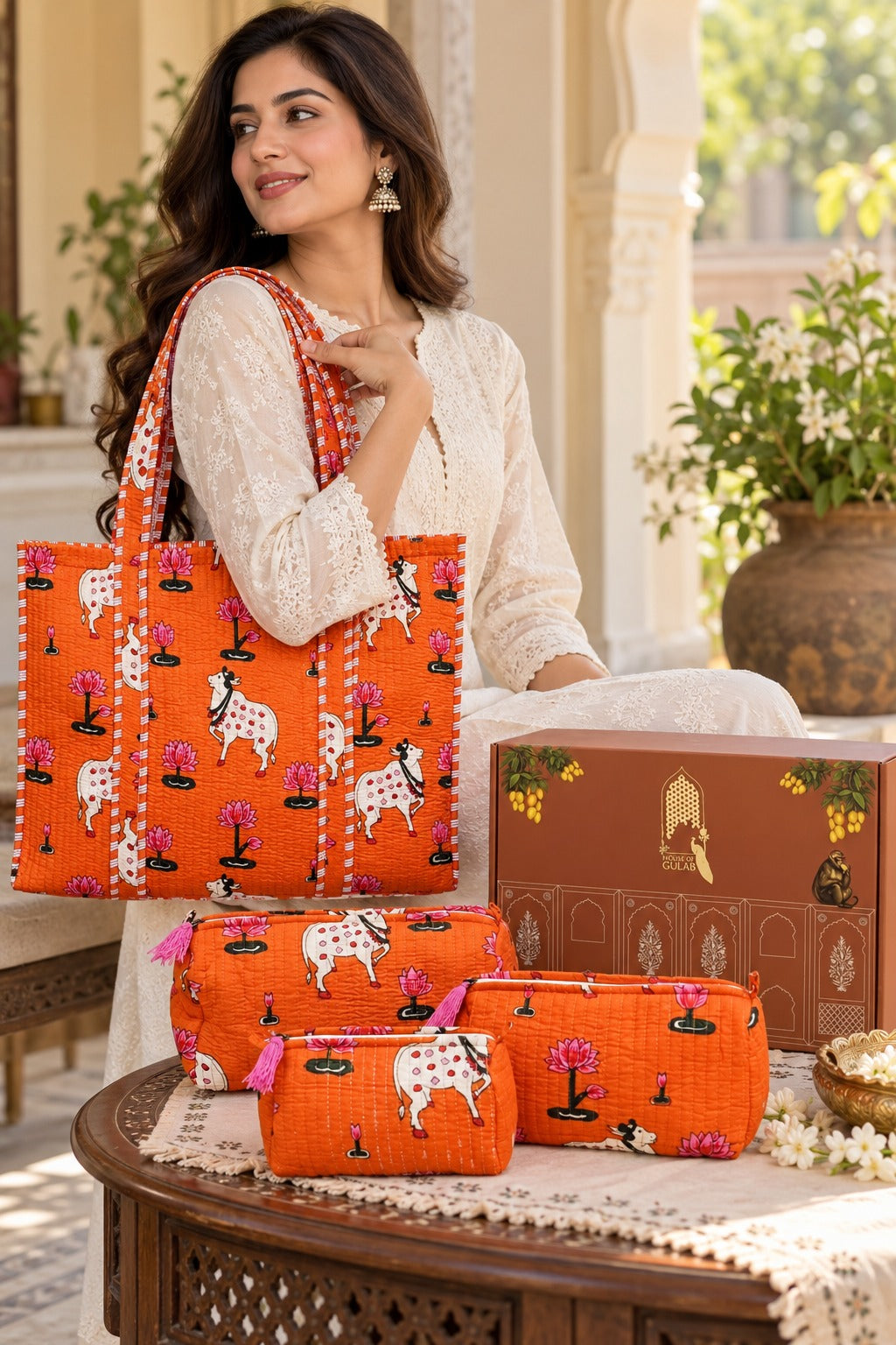 Diwali Gift Box Tote Bag with 3 Coordinated Utility Pouches with Gift Box with Set of 2 Metal Diyas