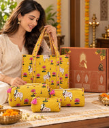 Diwali Gift Box Tote Bag with 3 Coordinated Utility Pouches with Gift Box with Set of 2 Metal Diyas