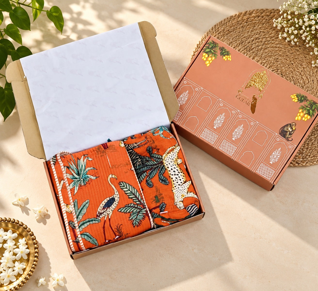 Diwali Gift Box Tote Bag with 3 Coordinated Utility Pouches with Gift Box with Set of 2 Metal Diyas