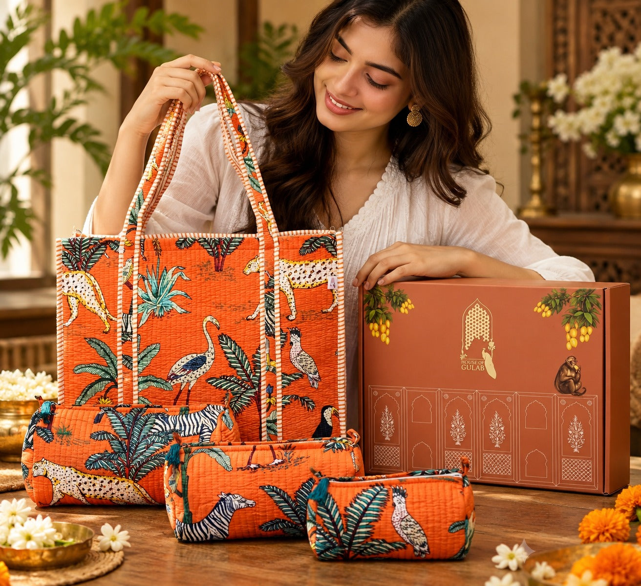 Diwali Gift Box Tote Bag with 3 Coordinated Utility Pouches with Gift Box with Set of 2 Metal Diyas