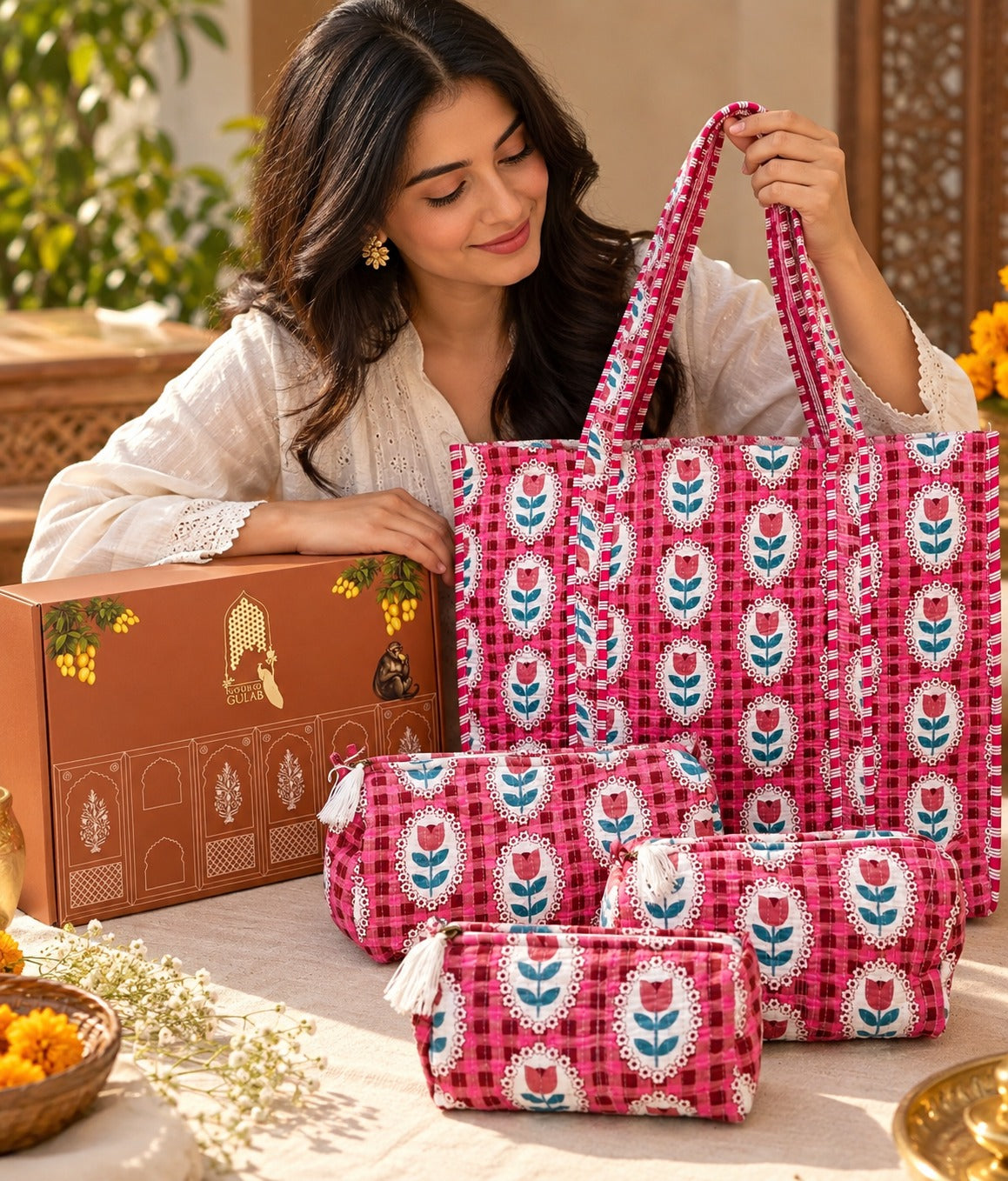 Diwali Gift Box Stylish Tote Bag with 3 Coordinated Utility Pouches with Set of 2 Metal Diyas