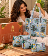 Diwali Gift Box Tote Bag with 3 Coordinated Utility Pouches with Gift Box with Set of 2 Metal Diyas