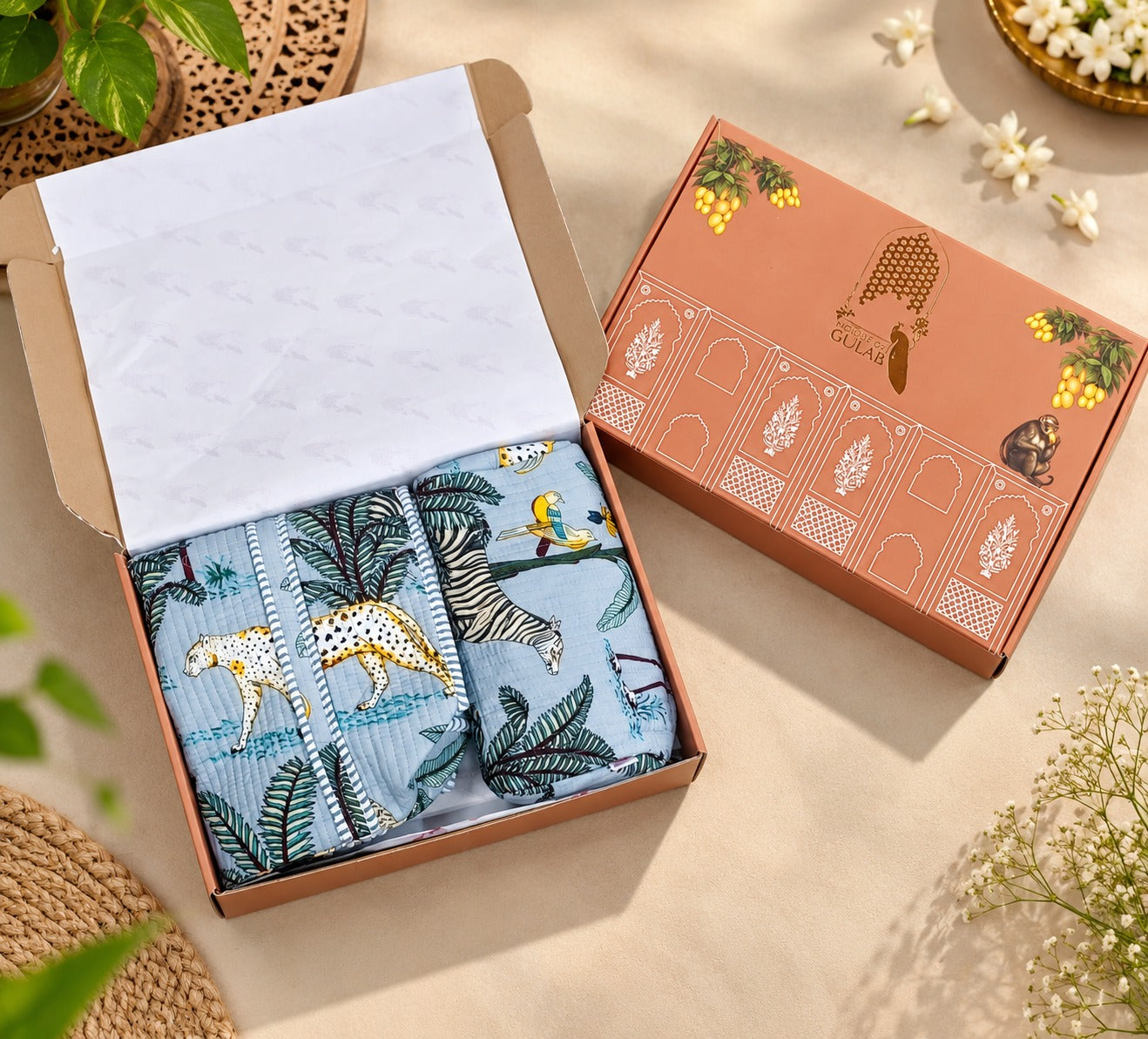 Diwali Gift Box Tote Bag with 3 Coordinated Utility Pouches with Gift Box with Set of 2 Metal Diyas