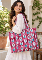 Handblock Printed Quilted Tote Bag without zip/button 17x18x 6 inches