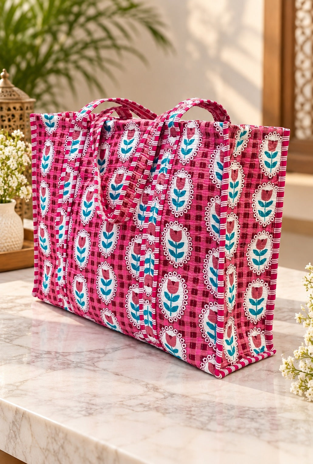 Handblock Printed Quilted Tote Bag without zip/button 17x18x 6 inches