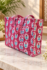 Handblock Printed Quilted Tote Bag without zip/button 17x18x 6 inches