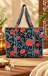 Handblock Printed Quilted Tote Bag with concealed zip ( 17x18x 6 inches)