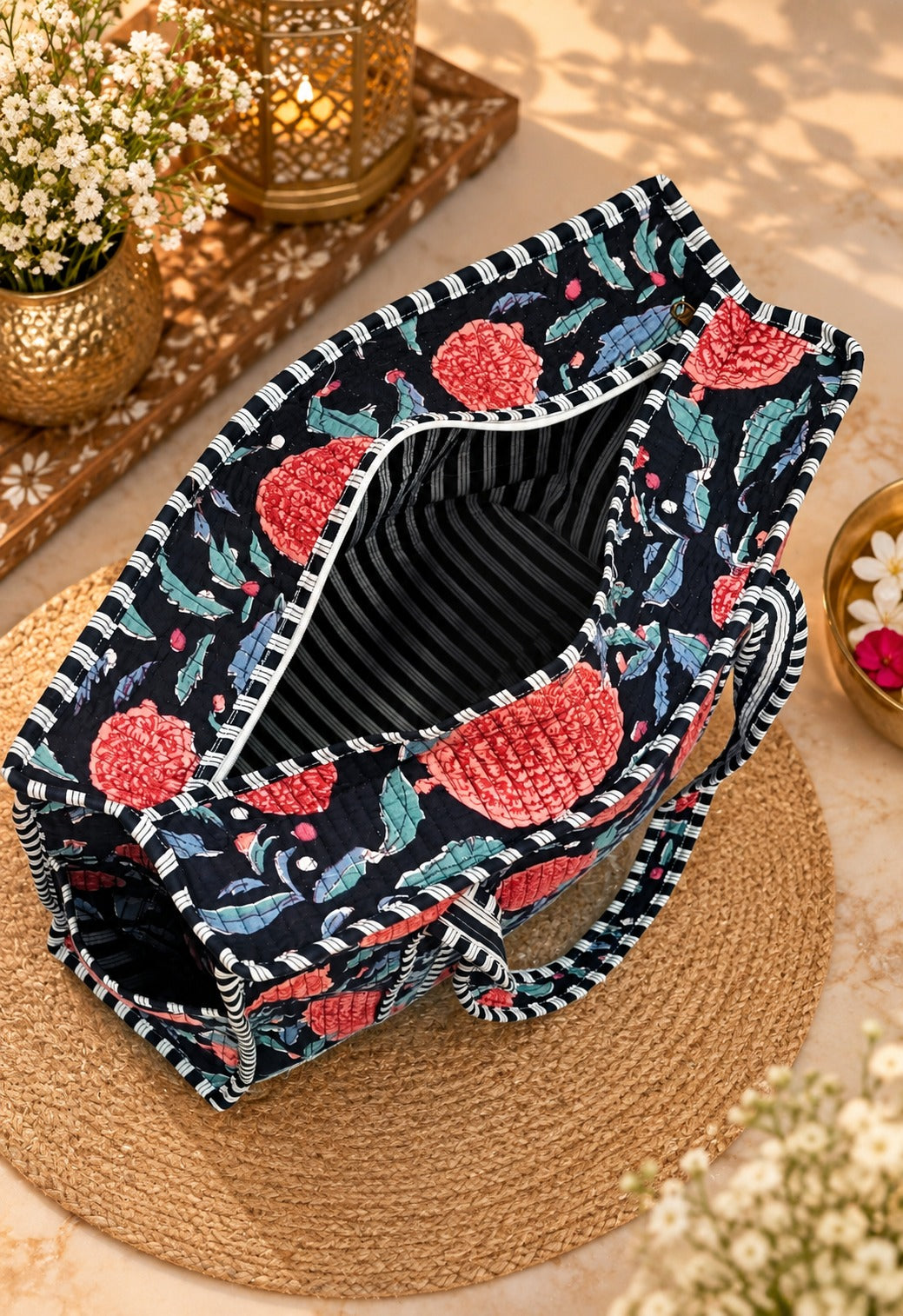 Handblock Printed Quilted Tote Bag with concealed zip ( 17x18x 6 inches)