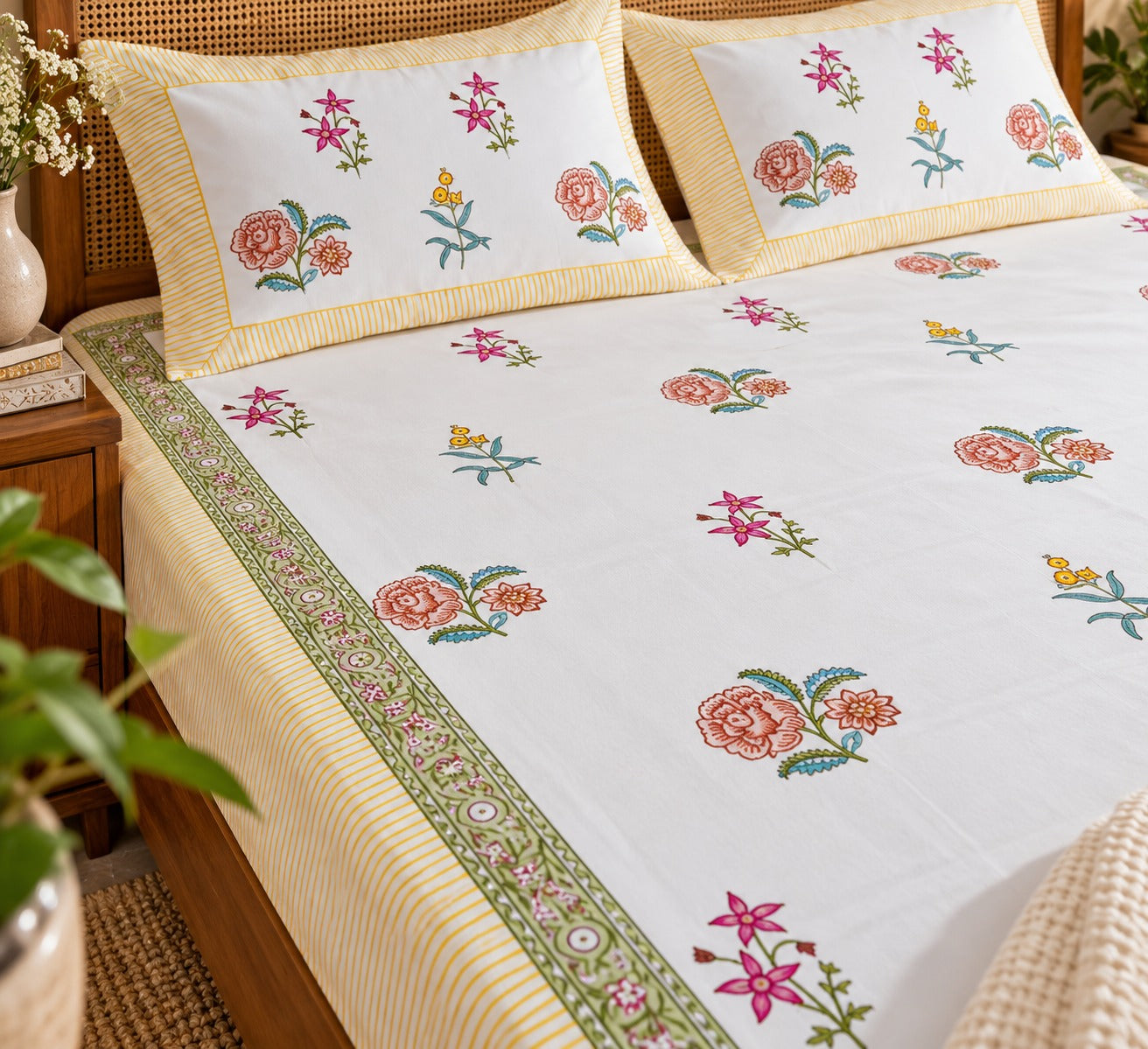 Cotton Super King Handblock Print Bedsheet with 2 Pillow Covers
