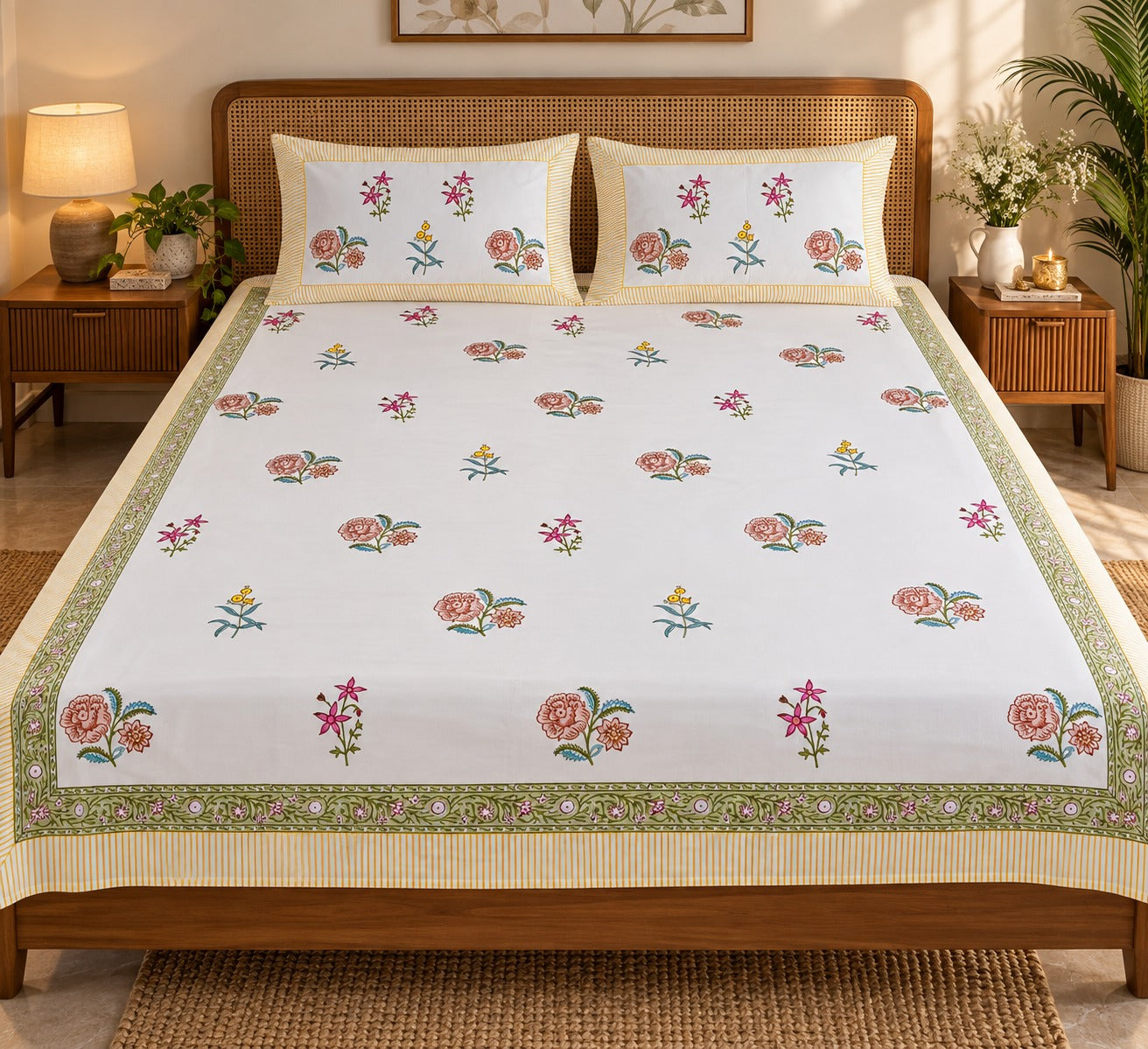 Cotton Super King Handblock Print Bedsheet with 2 Pillow Covers
