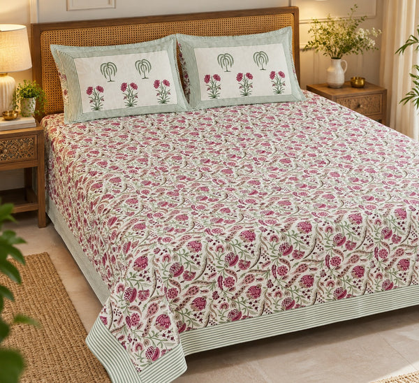 Cotton Super King Handblock Print Bedsheet with 2 Pillow Covers