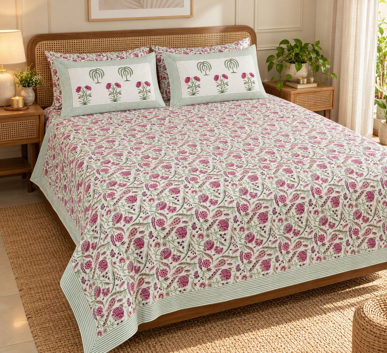 Cotton Super King Handblock Print Bedsheet with 2 Pillow Covers
