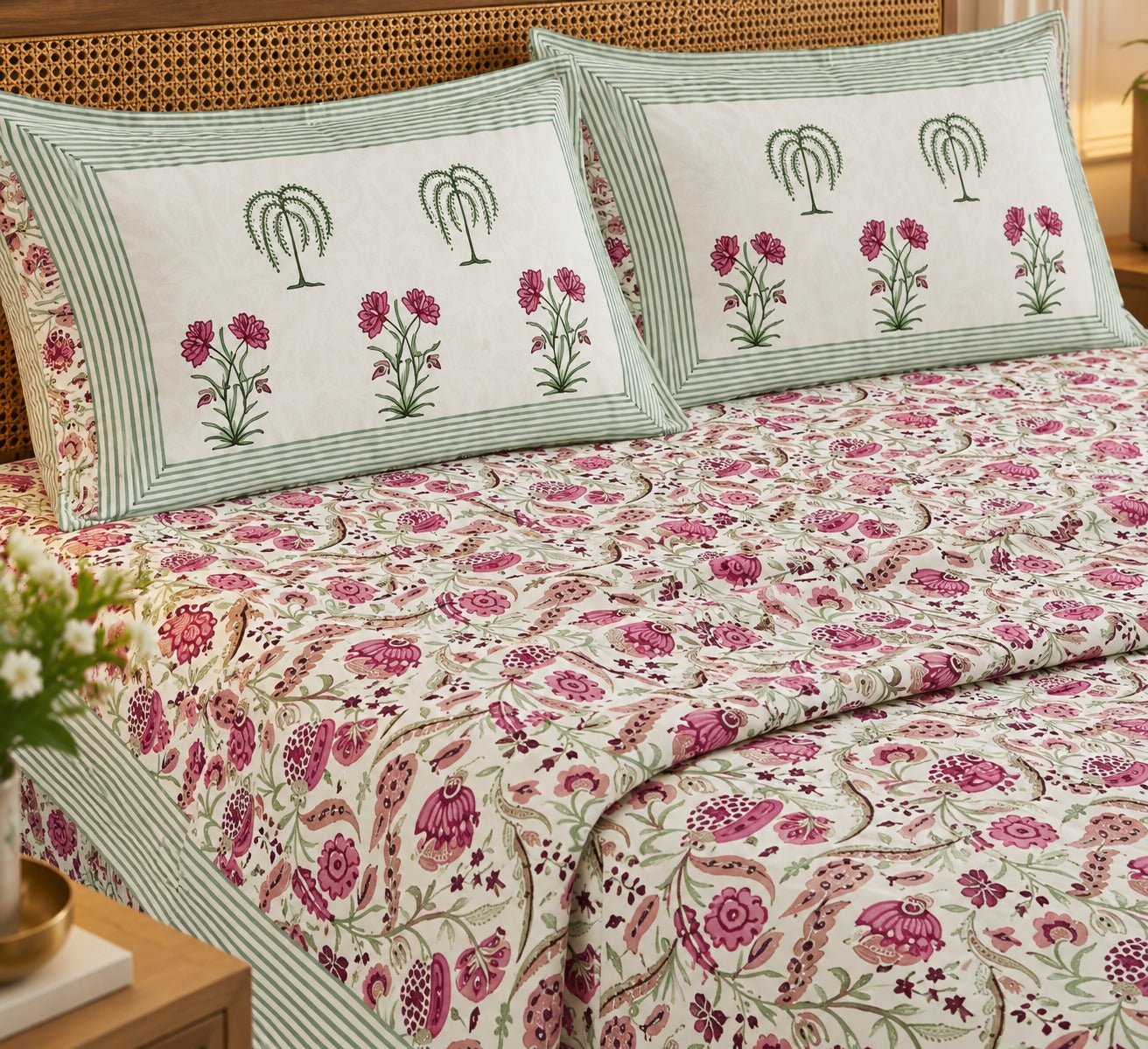 Cotton Super King Handblock Print Bedsheet with 2 Pillow Covers