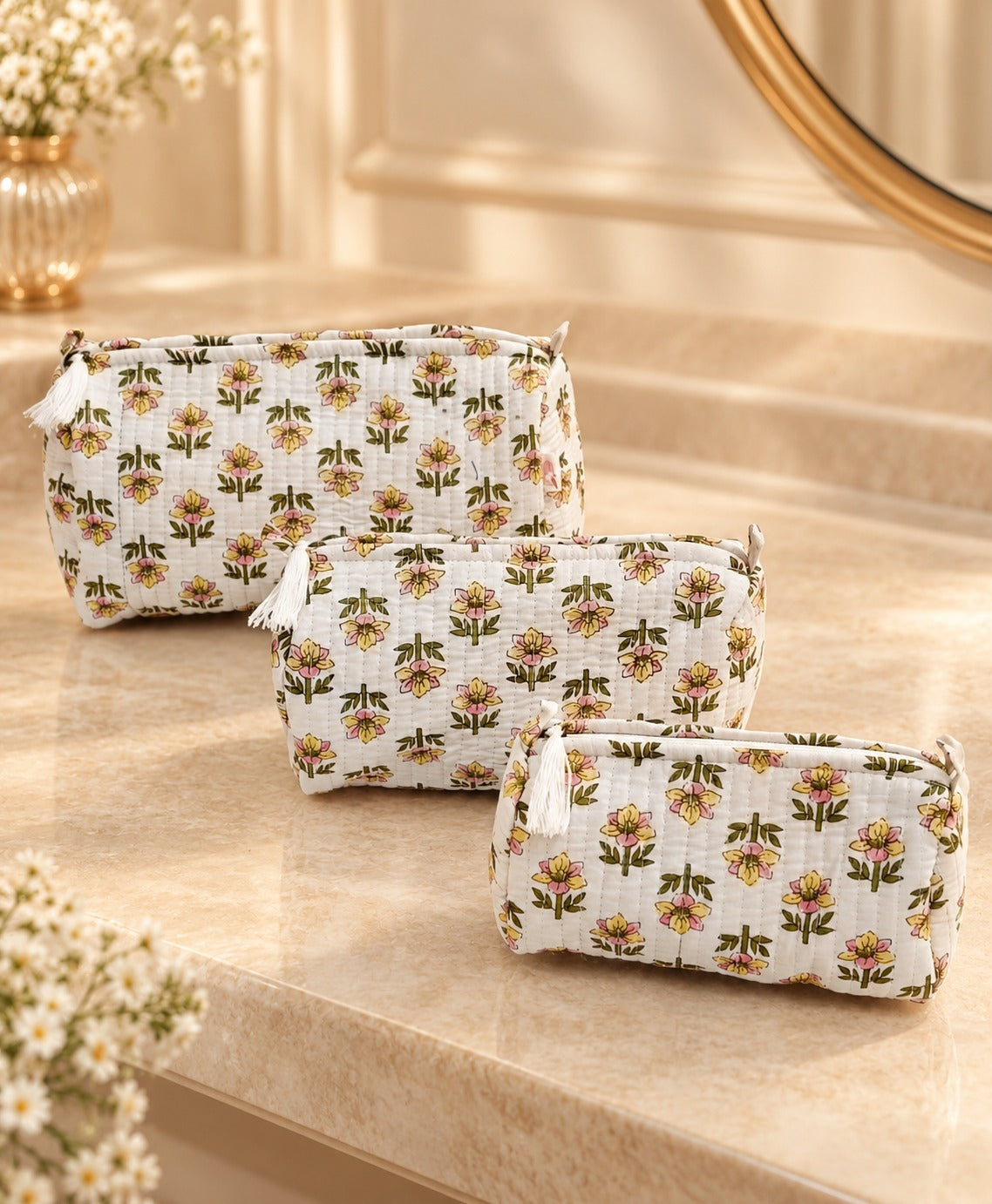 Diwali Gift Box Set of 5 Utility Pouches with Set of 2 Metal Diya (3 Makeup Pouches, 1 Sunglass Pouch, 1 Sanitary Napkin Pouch