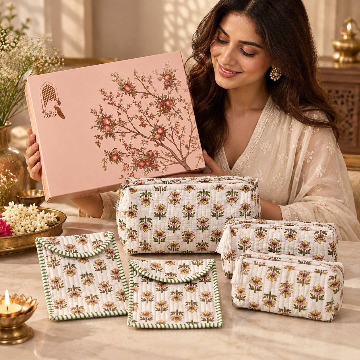Diwali Gift Box Set of 5 Utility Pouches with Set of 2 Metal Diya (3 Makeup Pouches, 1 Sunglass Pouch, 1 Sanitary Napkin Pouch