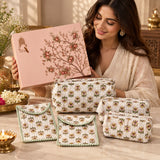 Diwali Gift Box Set of 5 Utility Pouches with Set of 2 Metal Diya (3 Makeup Pouches, 1 Sunglass Pouch, 1 Sanitary Napkin Pouch
