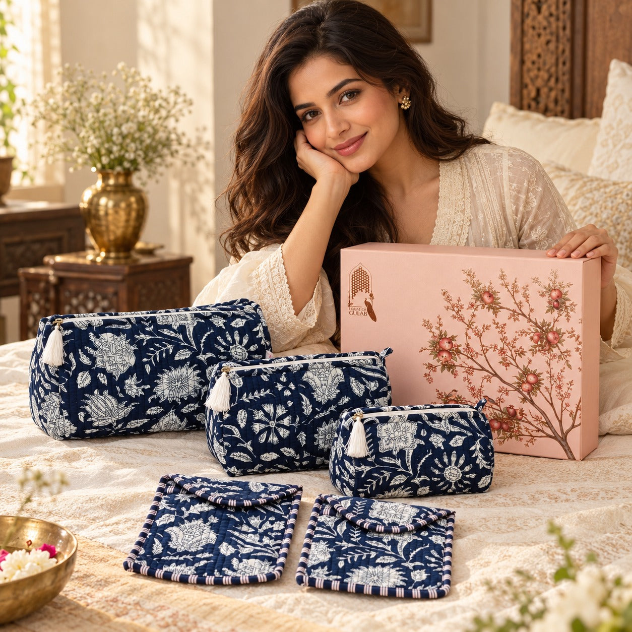 Diwali Gift Box Set of 5 Utility Pouches with Set of 2 Metal Diya (3 Makeup Pouches, 1 Sunglass Pouch, 1 Sanitary Napkin Pouch