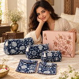 Diwali Gift Box Set of 5 Utility Pouches with Set of 2 Metal Diya (3 Makeup Pouches, 1 Sunglass Pouch, 1 Sanitary Napkin Pouch