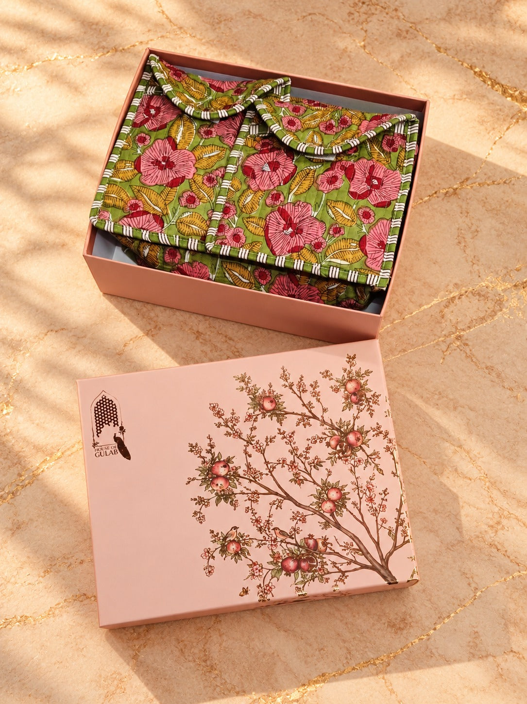 Diwali Gift Box Set of 5 Utility Pouches with Set of 2 Metal Diya (3 Makeup Pouches, 1 Sunglass Pouch, 1 Sanitary Napkin Pouch