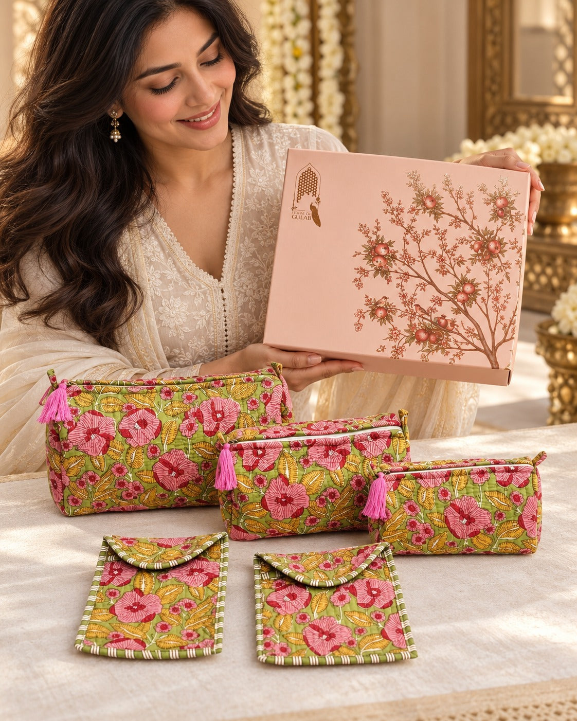 Diwali Gift Box Set of 5 Utility Pouches with Set of 2 Metal Diya (3 Makeup Pouches, 1 Sunglass Pouch, 1 Sanitary Napkin Pouch