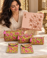 Diwali Gift Box Set of 5 Utility Pouches with Set of 2 Metal Diya (3 Makeup Pouches, 1 Sunglass Pouch, 1 Sanitary Napkin Pouch