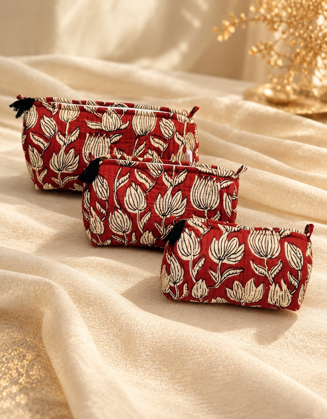 Diwali Gift Box Set of 5 Utility Pouches with Set of 2 Metal Diya (3 Makeup Pouches, 1 Sunglass Pouch, 1 Sanitary Napkin Pouch