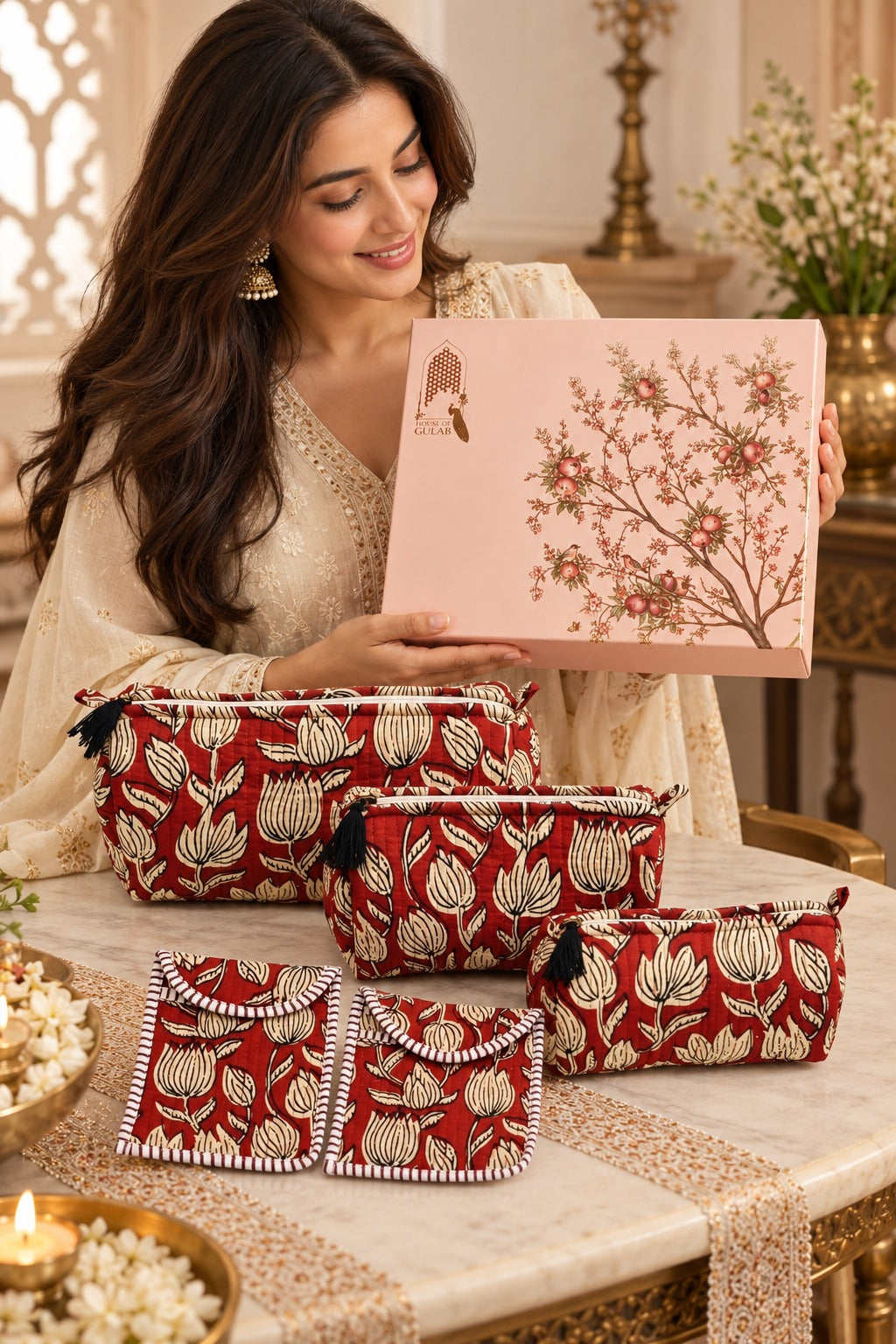 Diwali Gift Box Set of 5 Utility Pouches with Set of 2 Metal Diya (3 Makeup Pouches, 1 Sunglass Pouch, 1 Sanitary Napkin Pouch