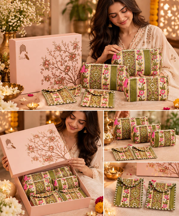 Diwali Gift Box Set of 5 Utility Pouches with Set of 2 Metal Diya (3 Makeup Pouches, 1 Sunglass Pouch, 1 Sanitary Napkin Pouch