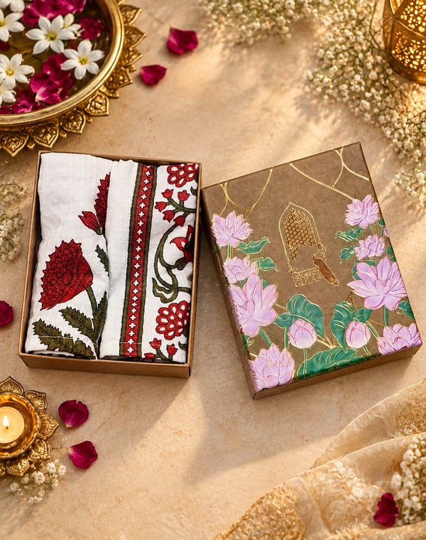 Diwali Gift Box | Set of 2 Waffle Cotton Handblock Printed Hand Towels