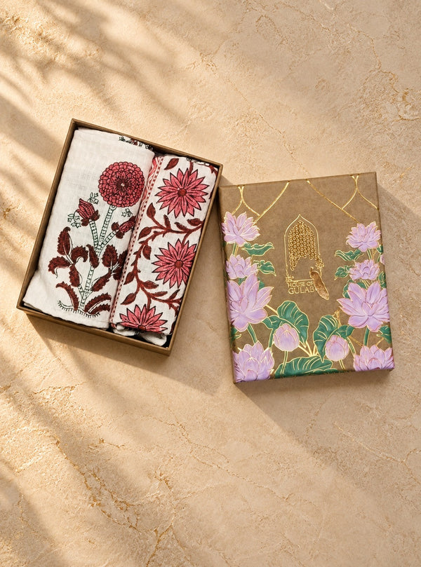 Diwali Gift Box | Set of 2 Waffle Cotton Handblock Printed Hand Towels