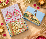 Diwali Complete Gift Box | 1 Ethnic Motifs Double Bedsheet with 2 Pillow Covers, 1 Lotus Urli, Set of 2 Door Hangings