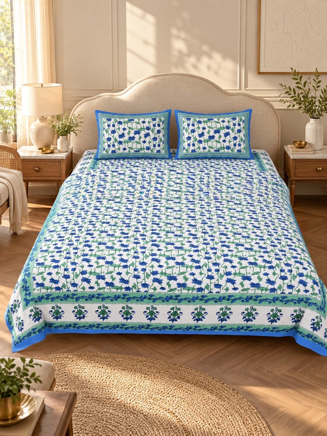 Diwali Complete Gift Box | 1 Ethnic Motifs Double Bedsheet with 2 Pillow Covers, 1 Lotus Urli, Set of 2 Door Hangings