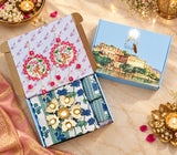 Diwali Complete Gift Box | 1 Ethnic Motifs Double Bedsheet with 2 Pillow Covers, 1 Lotus Urli, Set of 2 Door Hangings