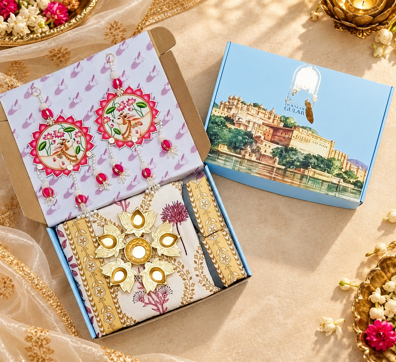 Diwali Complete Gift Box | 1 Ethnic Motifs Double Bedsheet with 2 Pillow Covers, 1 Lotus Urli, Set of 2 Door Hangings