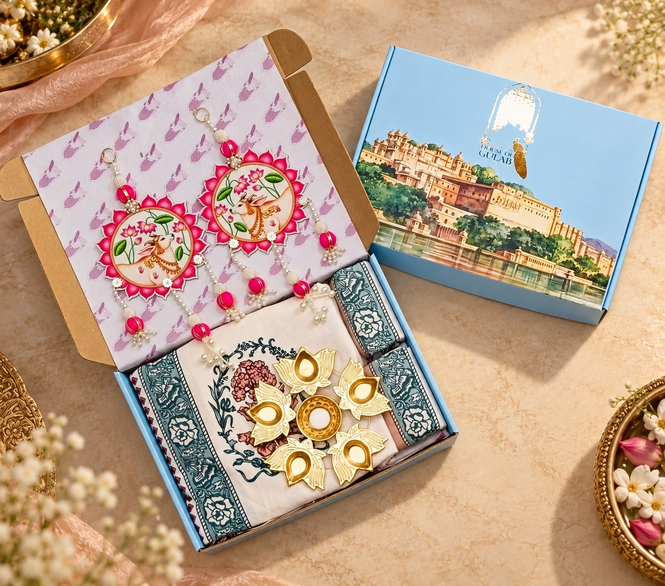 Diwali Complete Gift Box | 1 Ethnic Motifs Double Bedsheet with 2 Pillow Covers, 1 Lotus Urli, Set of 2 Door Hangings