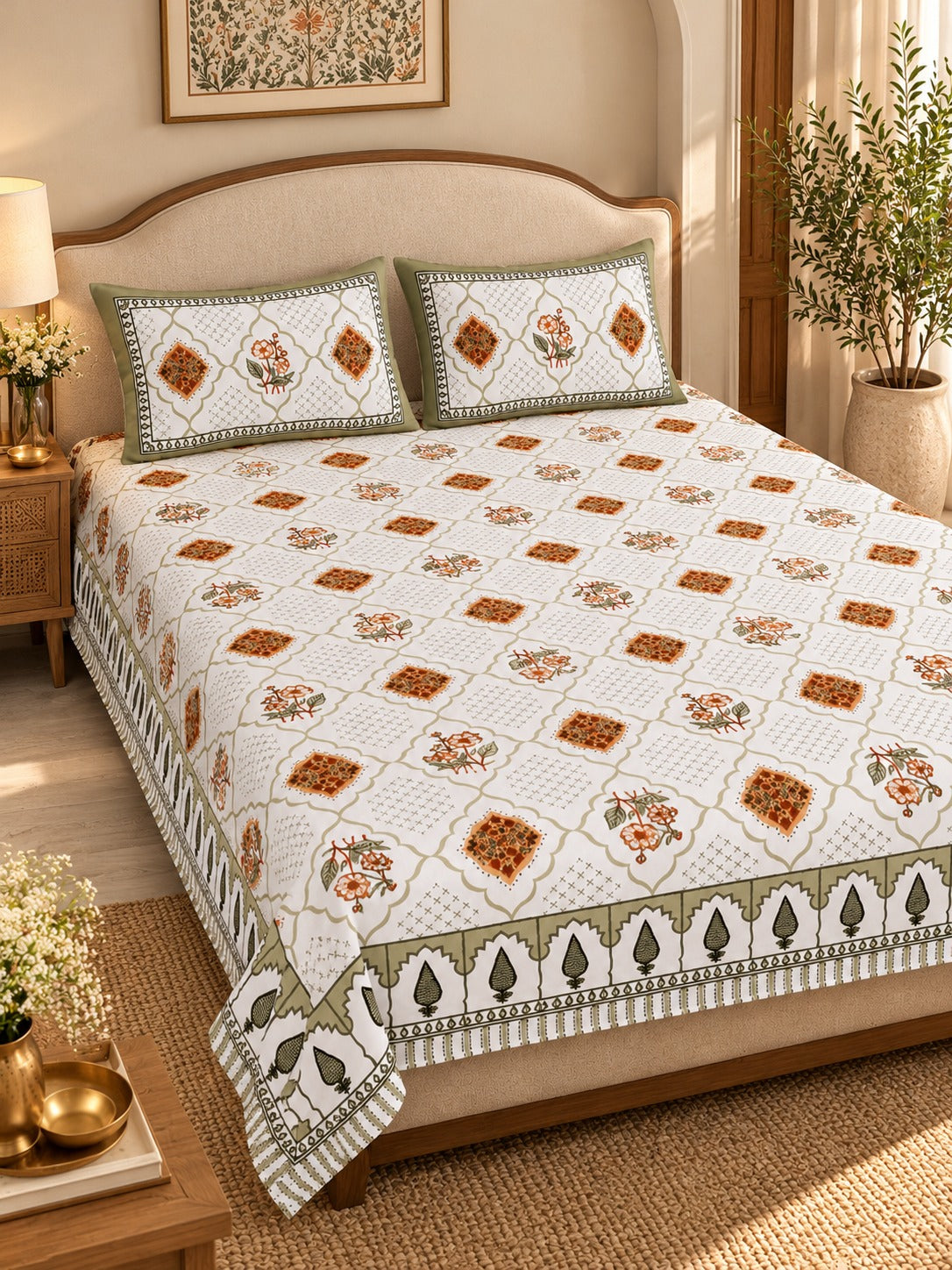 Diwali Complete Gift Box | 1 Ethnic Motifs Double Bedsheet with 2 Pillow Covers, 1 Lotus Urli, Set of 2 Door Hangings (Copy)